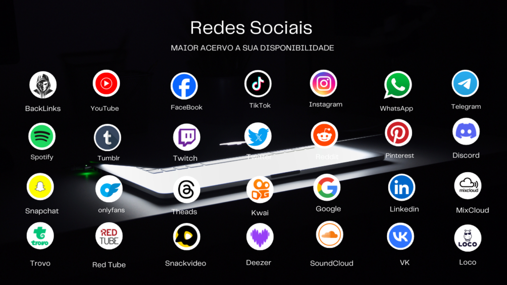 "Ícones de Várias Plataformas de Redes Sociais e Aplicativos com notebook semi aberto ao fundo